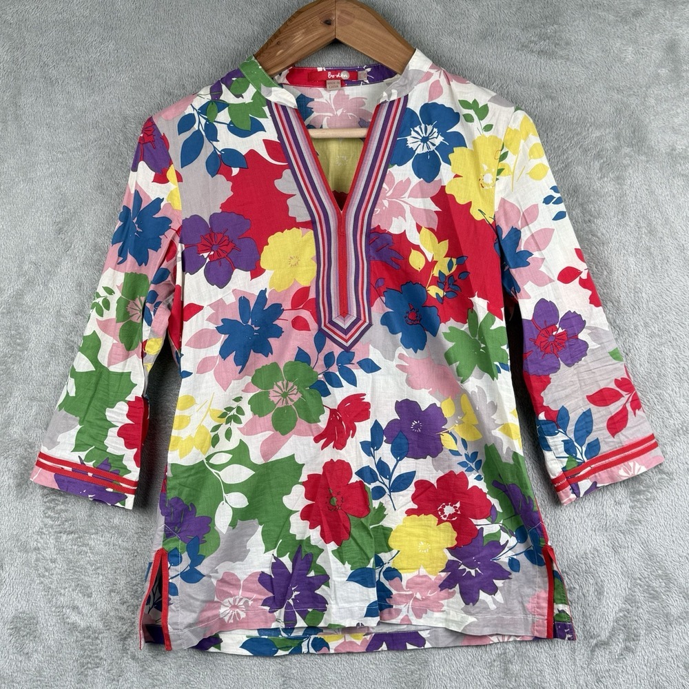 Boden Floral Tunic Womens Sz 6 Colorful Ribbon Trim V-Neck Colorful Resort Beach
